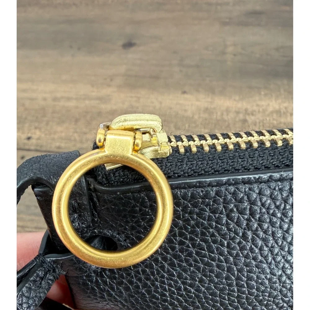 Tory Burch Black Perry Bombe Wristlet Pebbled Leather Pouch Gold Hardware Clutch